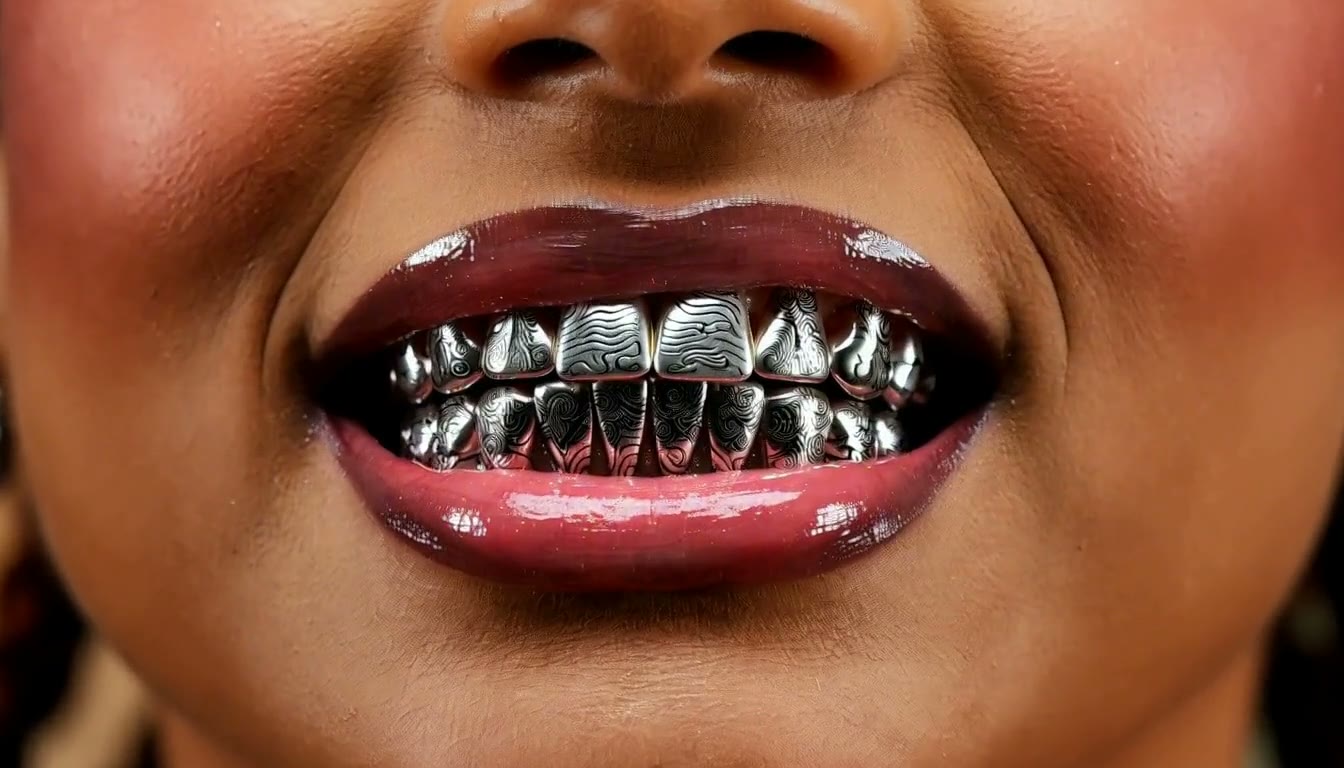 MiniMax H3 AI video example showing a person showcasing their unique and ornate dental grills with intricate designs
