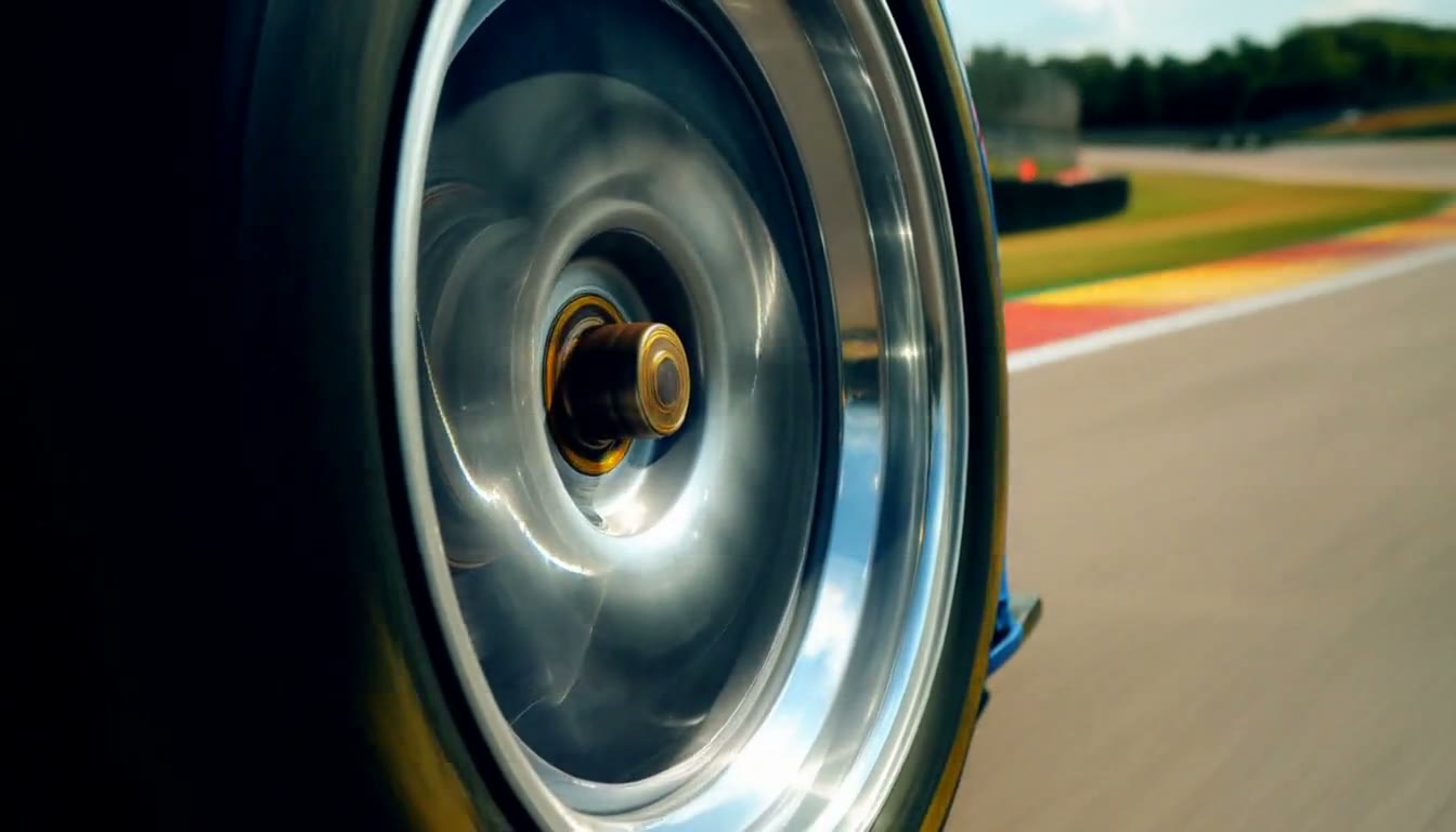 MiniMax H3 AI video example showing a close-up of a spinning race car wheel