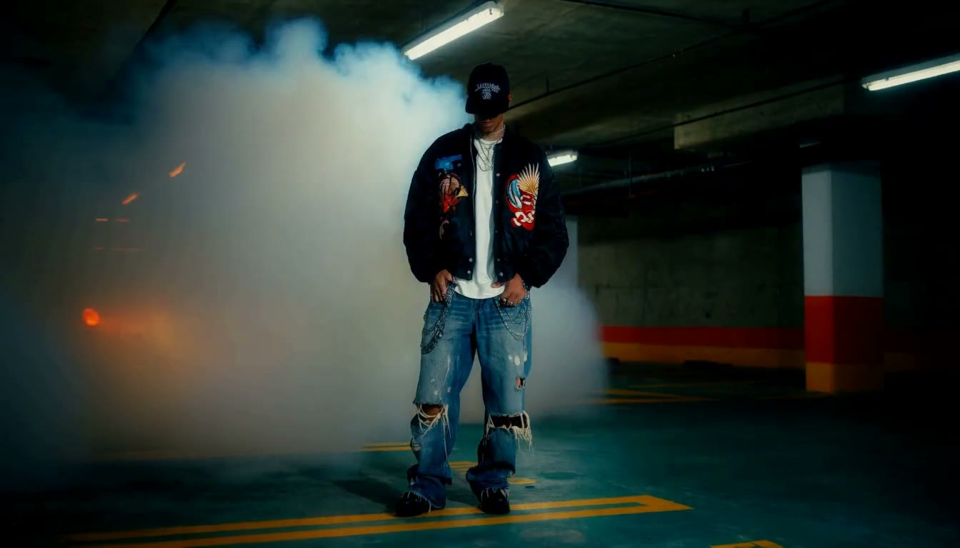 MiniMax H3 AI video example showing a stylish individual in a parking garage with a motorcycle and smoke effects
