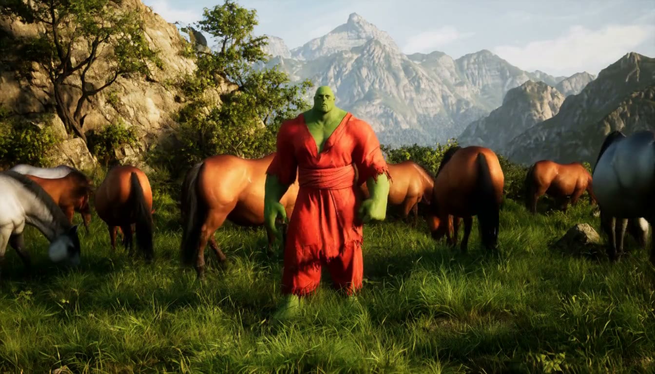 MiniMax H3 AI video example showing a muscular green-skinned character in a red outfit stands amidst a herd of grazing horses in a mountainous landscape