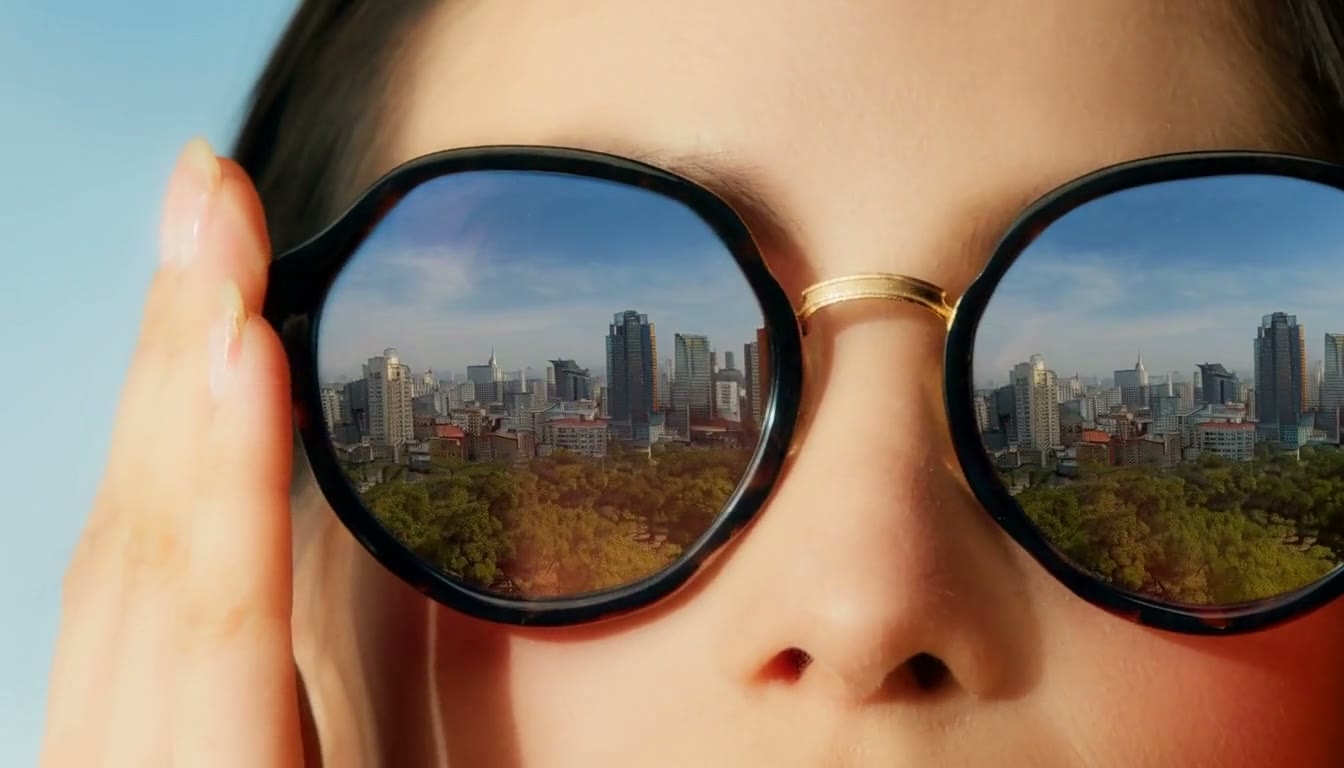 MiniMax H3 AI video example showing a woman adjusts her sunglasses, revealing a cityscape reflected in the lenses, then transitions into a surreal scene where she is nestled within a giant red rose