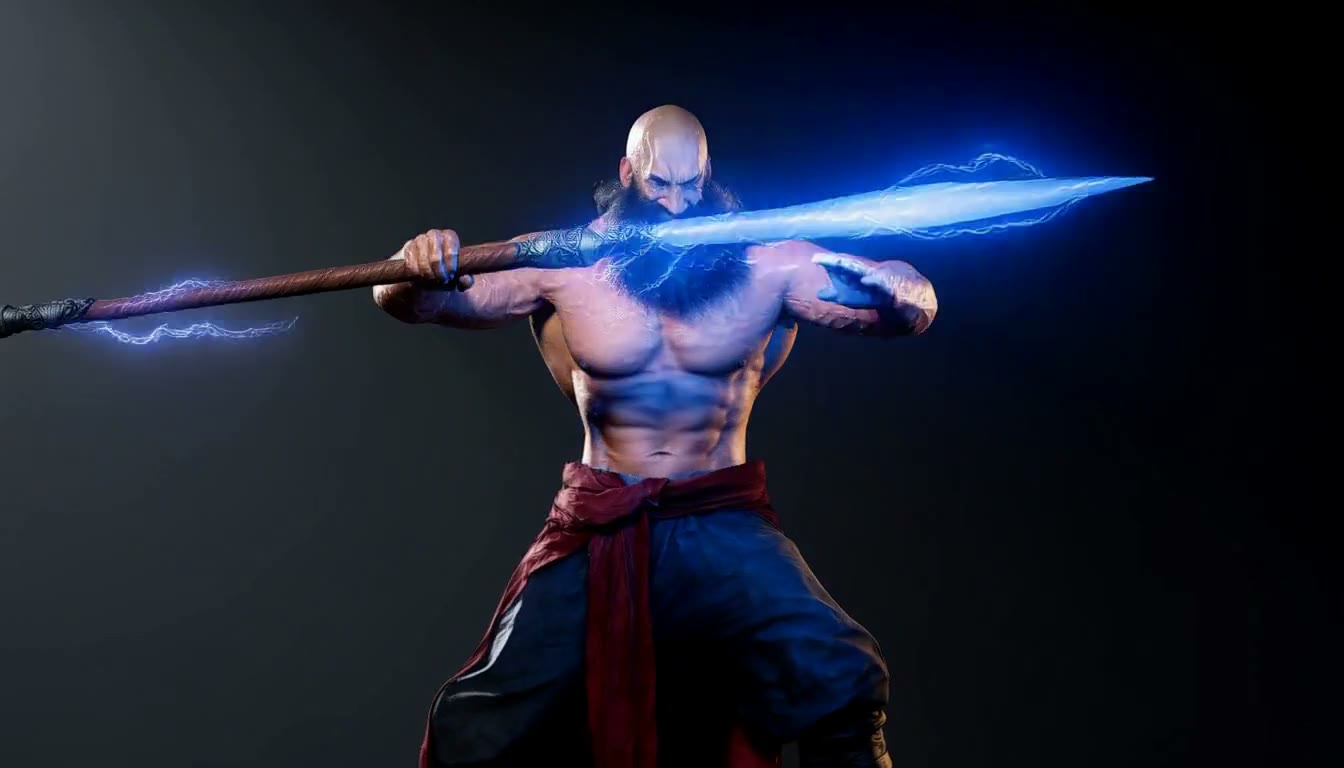 MiniMax H3 AI video example showing a muscular man wields a glowing staff, creating electric effects as he performs dynamic poses