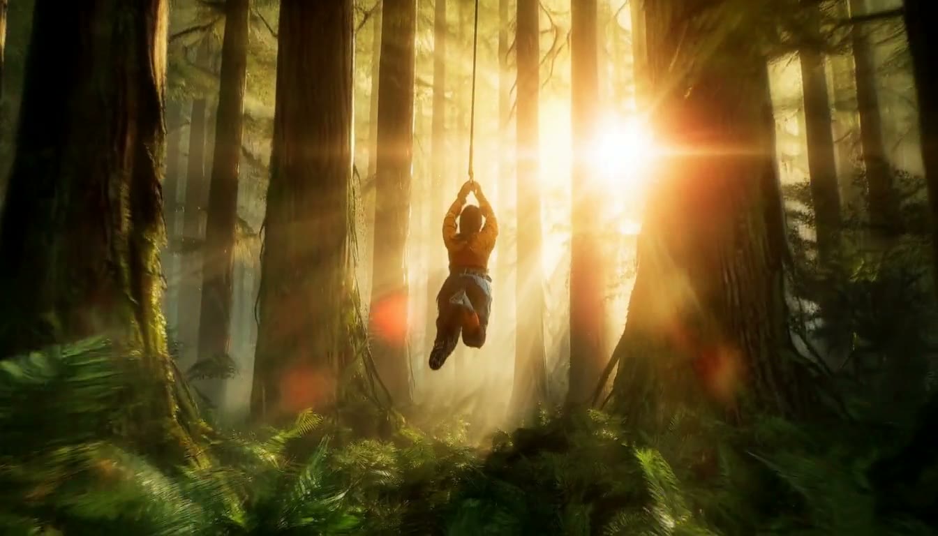 MiniMax H3 AI video example showing a young person harnesses magical energy in a dramatic display against a stormy sky, then swings through a sunlit forest
