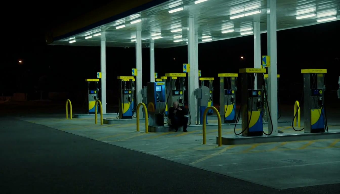 MiniMax H3 AI video example showing a person is sitting on a chair at a gas station, then transitions to talking on a phone in a phone booth at night