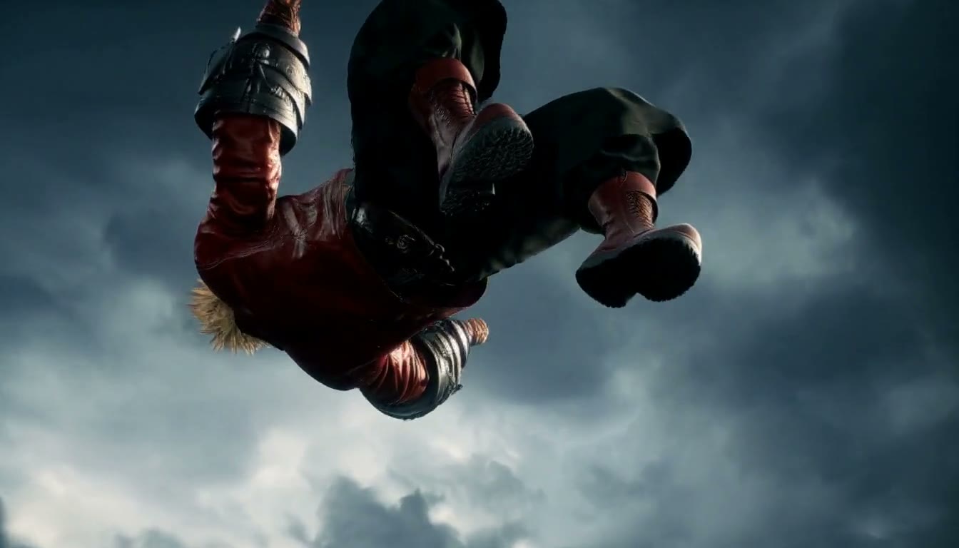 MiniMax H3 AI video example showing a muscular character in a leather jacket performs a dramatic acrobatic flip against a stormy sky backdrop