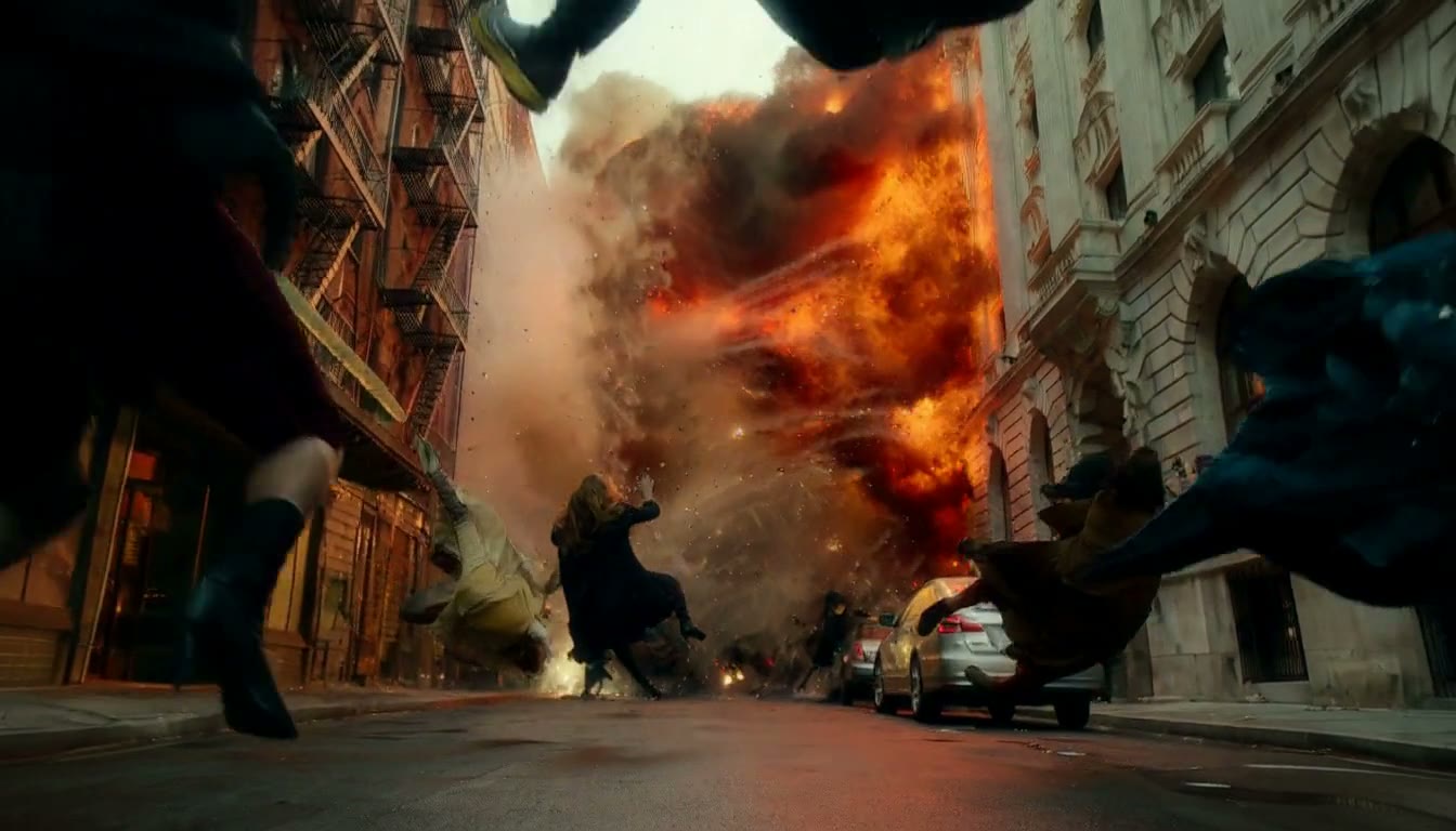 MiniMax H3 AI video example showing a chaotic scene in a city where people are being propelled into the air by an explosion