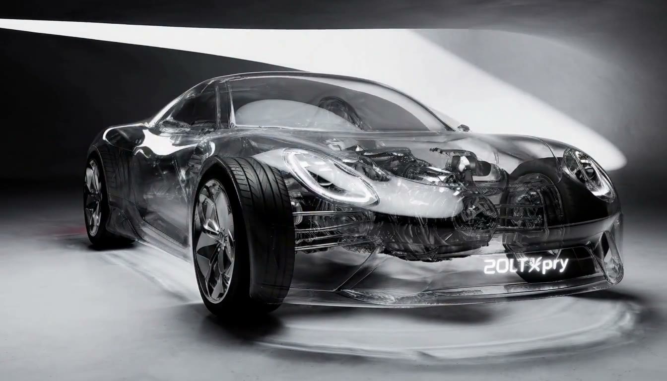 MiniMax H3 AI video example showing a futuristic, crystal-clear car is displayed in a modern, sleek showroom with a dramatic countdown to a new API release