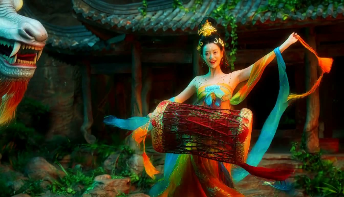 MiniMax H3 AI video example showing a character in traditional attire performs a ritualistic dance with a large drum, while a dragon-like creature looms in the background, eyes glowing red