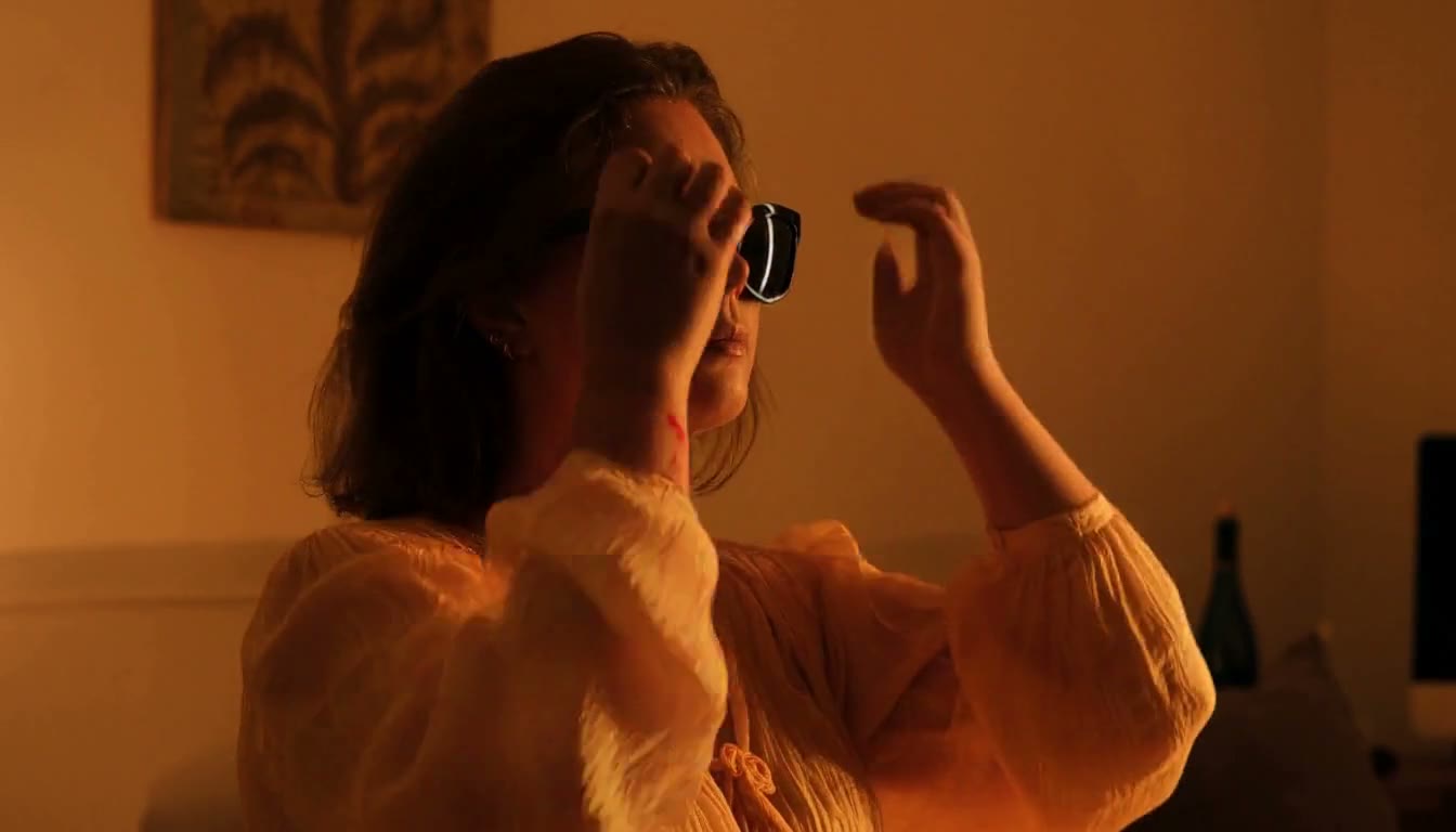 MiniMax H3 AI video example showing a person with short hair and sunglasses is adjusting their hair in a warmly lit room