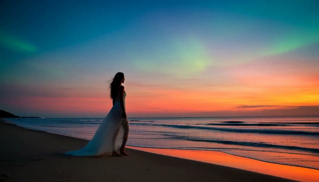 MiniMax H3 AI video example showing a woman walks along the beach at sunset, with the aurora borealis appearing in the sky