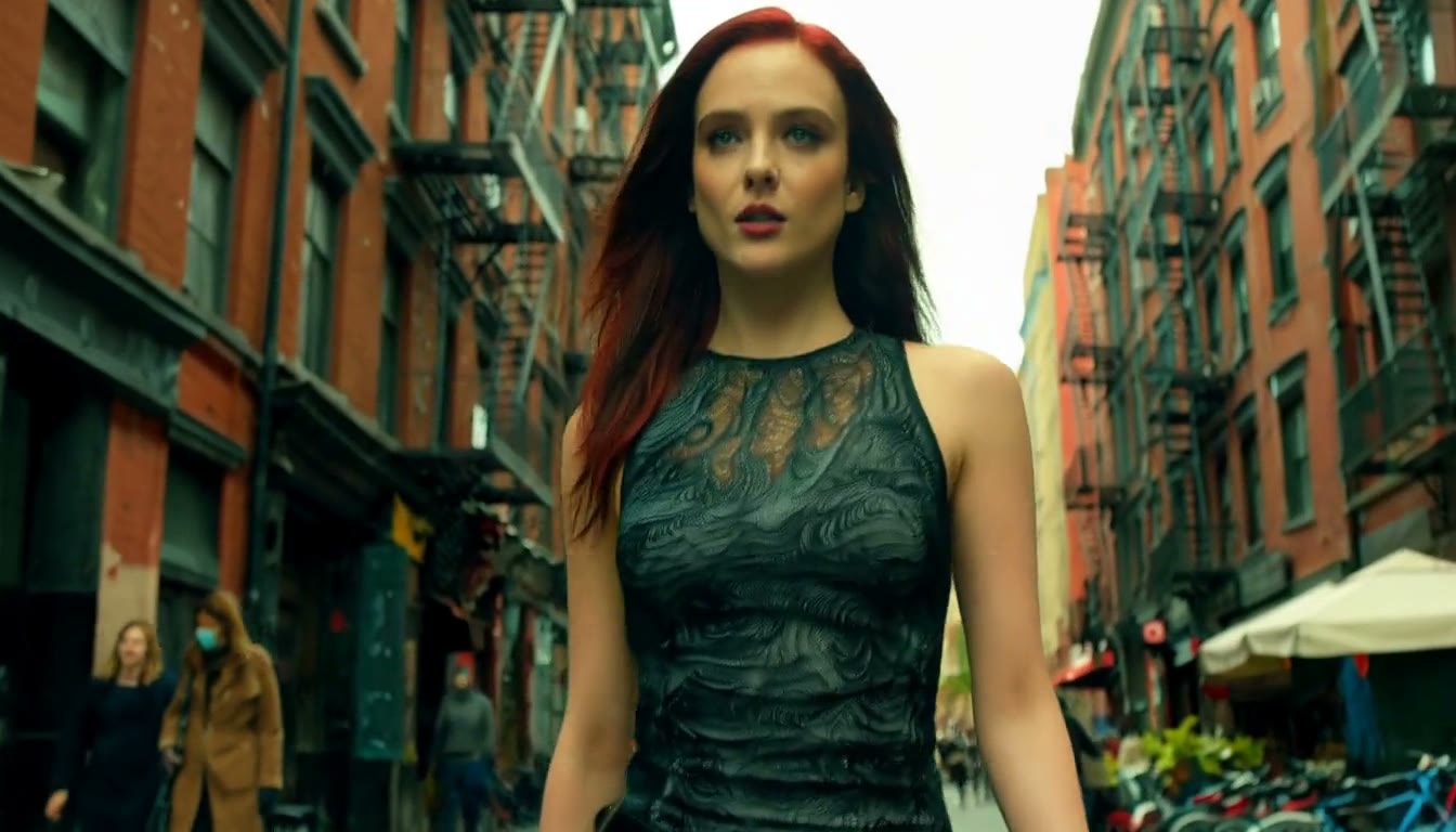 MiniMax H3 AI video example showing a woman in a tight, sleeveless top is seen in a bustling urban setting, transitioning into a scene where she is surrounded by magical elements